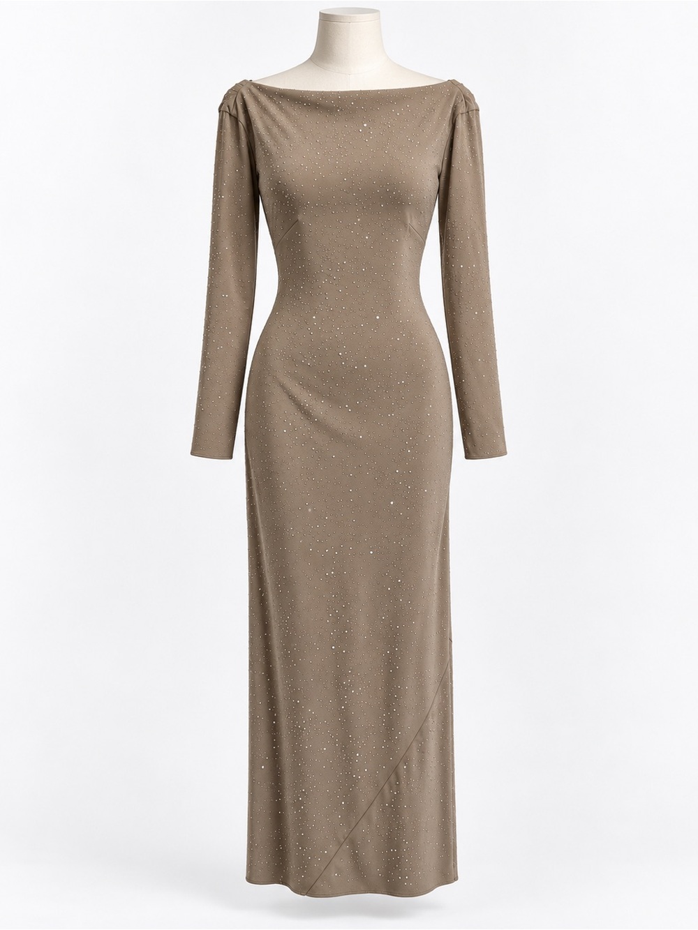Halston Heritage Rhinestone Jersey Maxi Dress Taupe Long Sleeve Size 4 NWT
